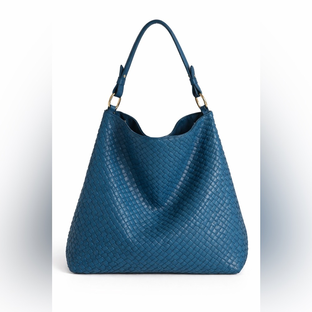 Lulu Dharma Teal Woven Vegan Leather Hobo Bucket Bag Magnet Closure